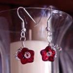 Feminine And Dainty Ruby Red Glass Flower And Leaf..