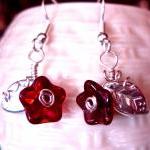 Feminine And Dainty Ruby Red Glass Flower And Leaf..