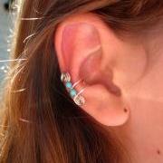 Single Silver Plated Ear Cuff with Double Turquoise 3mm beads and swirls