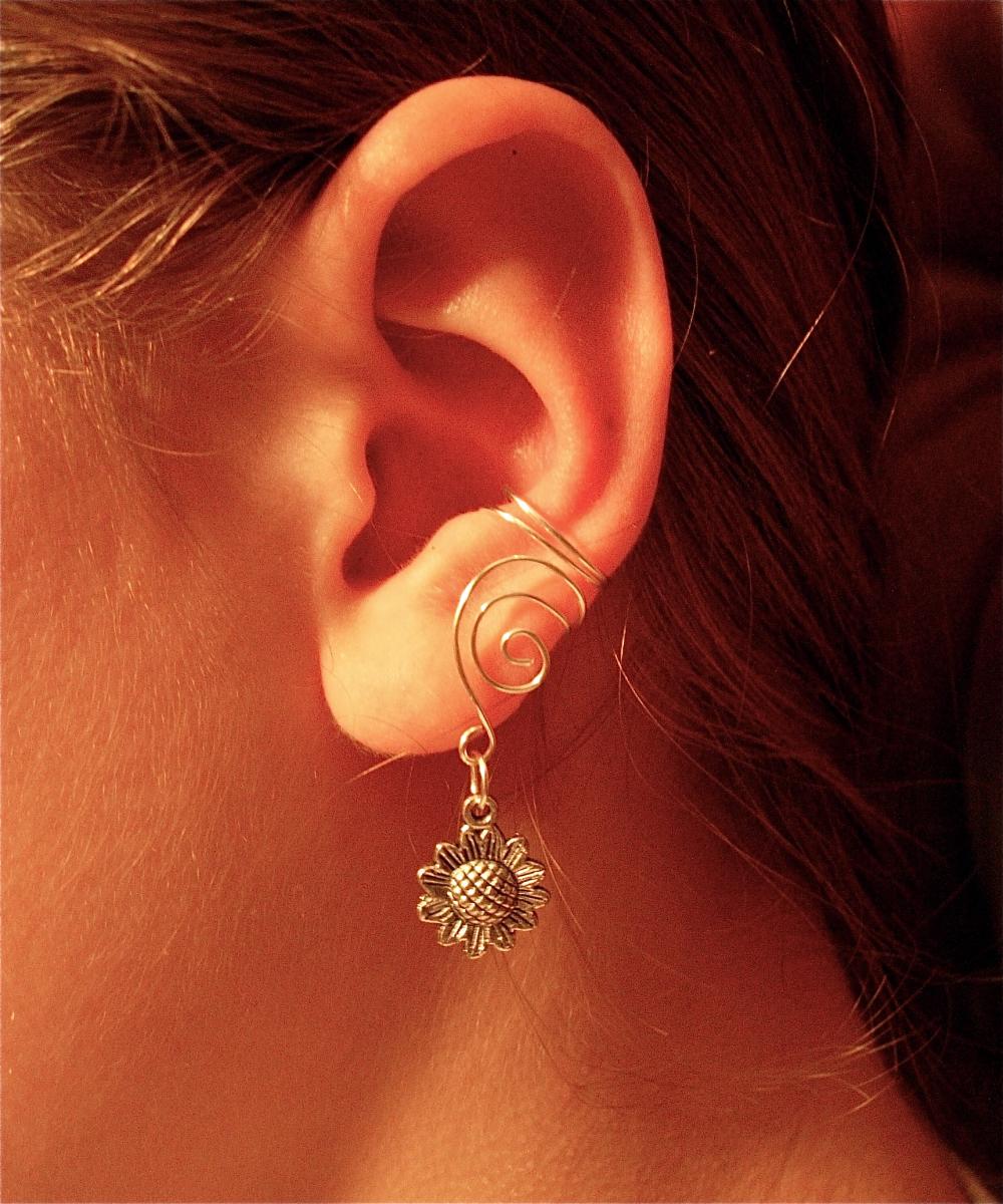 Pair Of Silver Plated Ear Cuffs With Whimsical Sunflower Charms