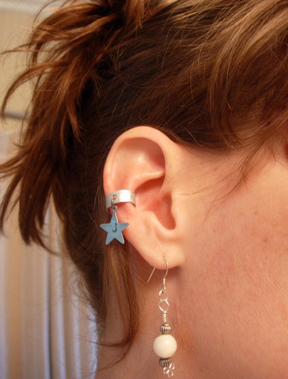 Ear Cuff, Hand Hammered Aluminum With A Personalized Stamped Metal Star Charm