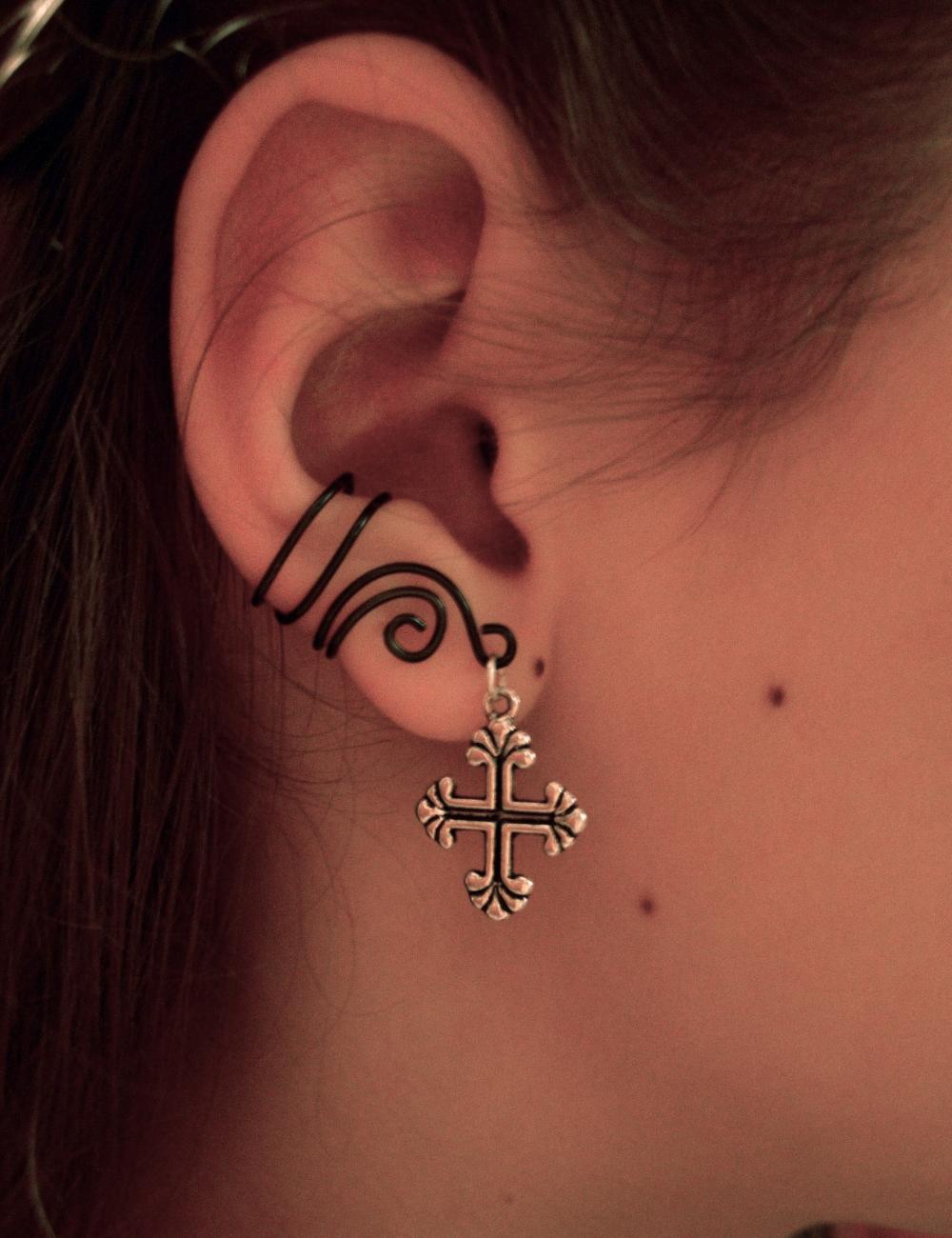 Ear Cuff With Antiqued Silver Cross Crucifix Charm