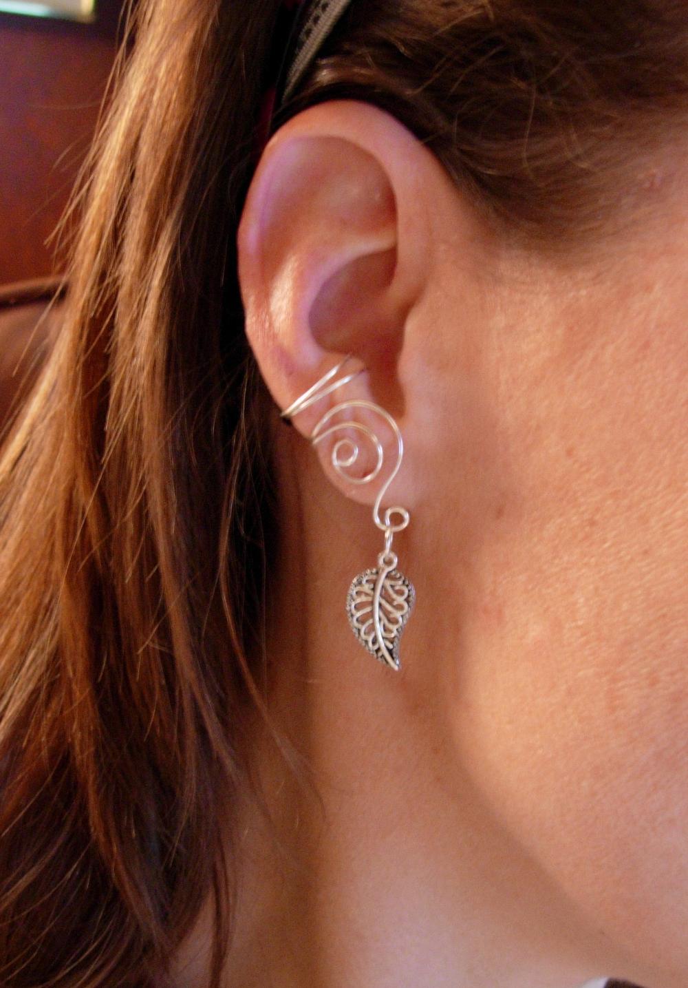 Pair Of Silver Plated Ear Cuffs With Antiqued Silver Leaf Accent Beads