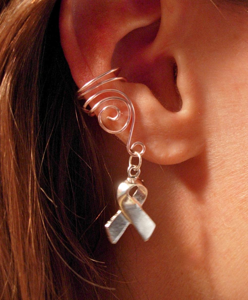 Set Of 3 Pale Pink Ear Cuffs, Breast Cancer Awareness Ribbon Charm