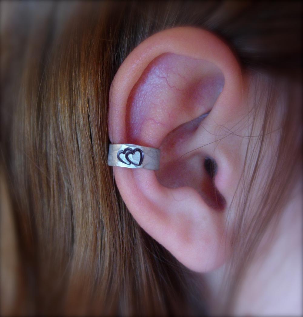 Ear Cuff, Hand Hammered Aluminum With A Cute Double Heart Stamped Into The Metal And Blackened