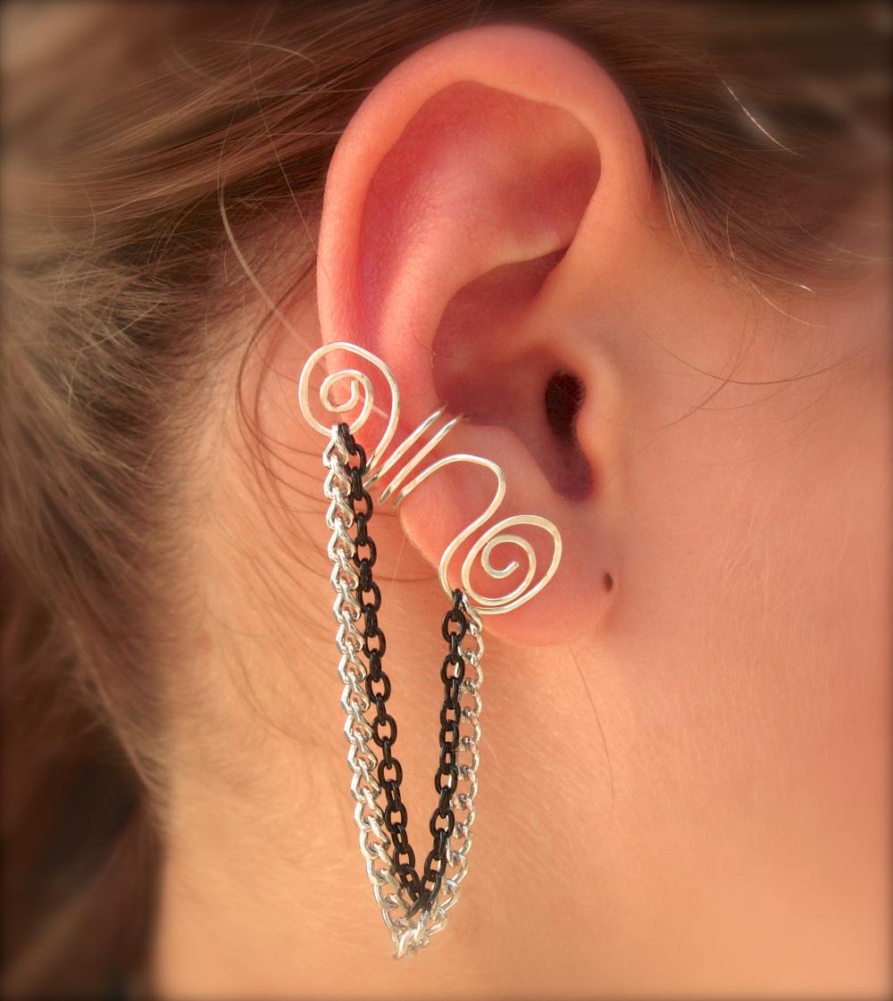 Silver Plated Ear Cuff With Silver And Black Accent Chains