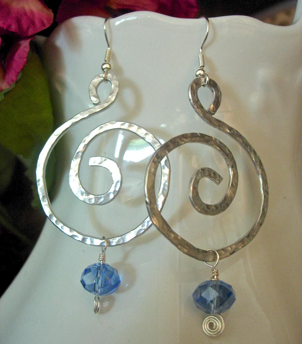 Hand Hammered Bold Earrings, Silver Colored Aluminum, With Blue Sparkle Bead Accent, Modern, Bold,