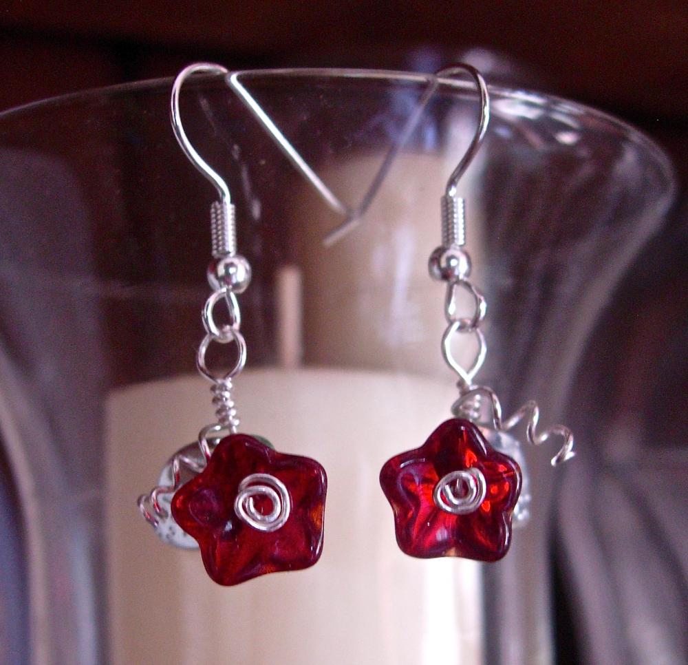 Feminine And Dainty Ruby Red Glass Flower And Leaf Earrings, Silver Plated