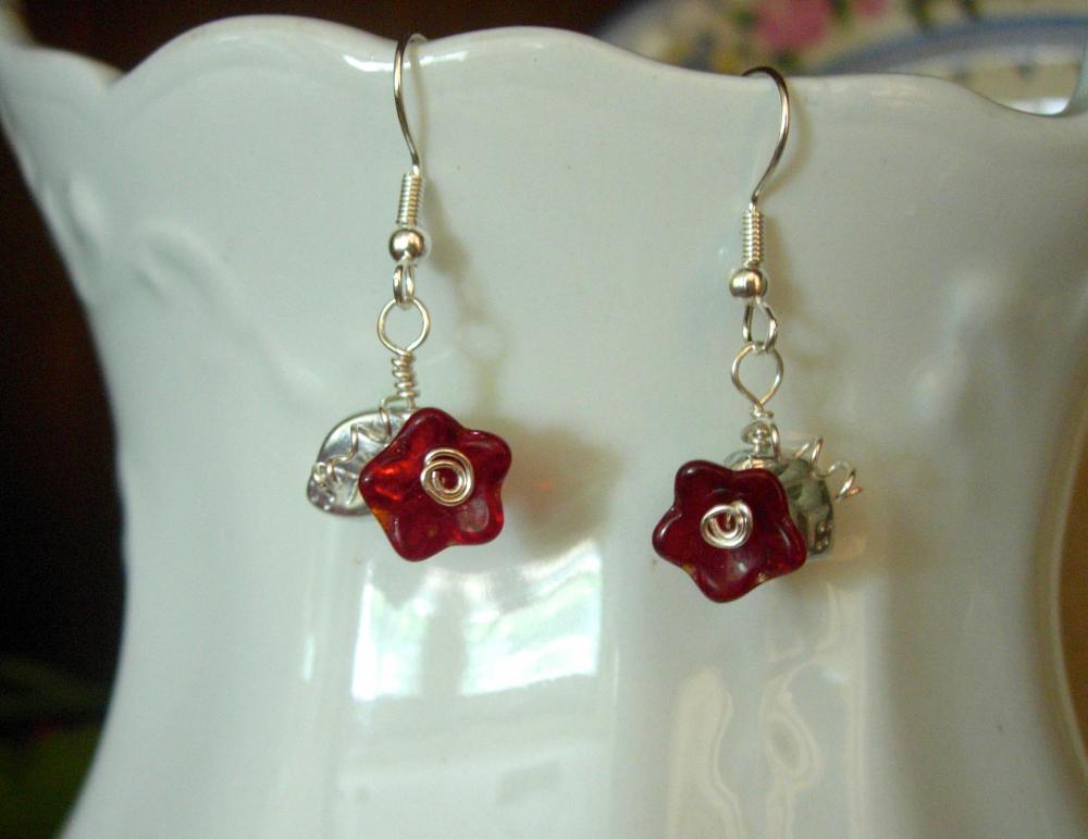 Feminine And Dainty Ruby Red Glass Flower And Leaf Earrings, Silver ...
