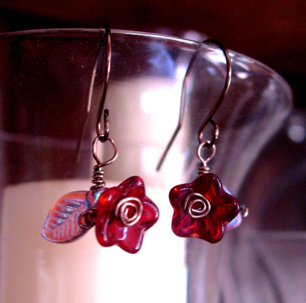 Antique Brass Wire Earrings With Ruby Colored Glass Flowers And Iridescent Leaves