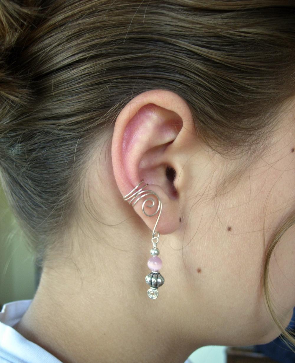 Pair Of Silver Plated Ear Cuffs With Antique Silver Tone And Pink Cats Eye Glass Beaded Drops, Non Pierced