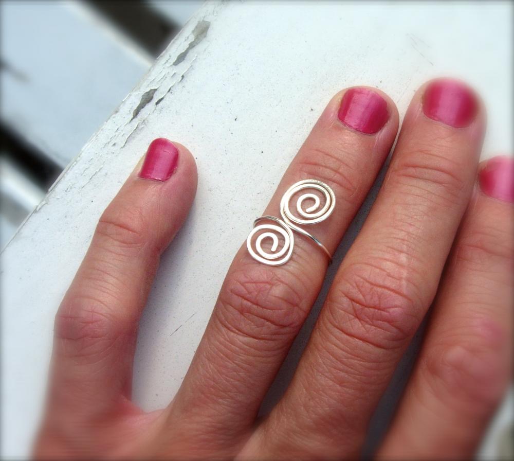 Hand Hammered Double Swirl Silver Ring Mid Finger, Knuckle, Pinky Or Toe Ring